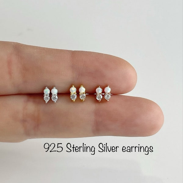 Dainty Twin Duet Opal and CZ Stud Earrings (Pair), Minimalist 92.5 Sterling Silver Earrings, Hypoallergenic/Nickel Free