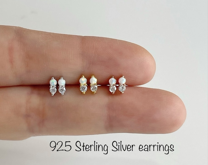 Dainty Twin Duet Opal and CZ Stud Earrings (Pair), Minimalist 92.5 Sterling Silver Earrings, Hypoallergenic/Nickel Free