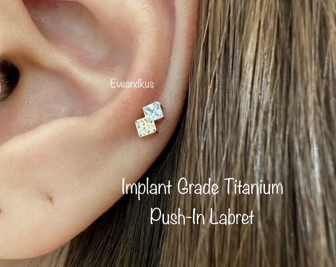 20g 18g 16g Dainty Double Square Push-In Threadless Titanium Labret, Implant Grade Titanium Cartilage, Tragus, Conch, Helix