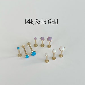 14k Solid Gold Opal Labret: Tragus, Helix Prong Setting (18g/16g)