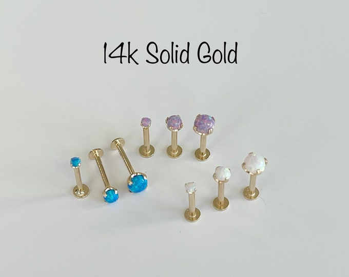14k Solid Gold Opal Push In Prong Setting Labret, Genuine White, Sleepy Lavender, Blue opals for Cartilage Tragus Helix