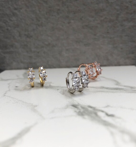 14K Gold CZ Dainty Wide Hoop Earrings For Women Girls Fashion Cubic Zirconia Huggie Square Cut Hypoallergenic