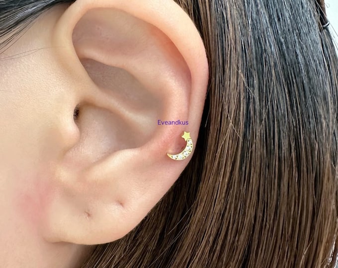 Dainty CZ Crescent with Star 316L Surgical Steel Push-In Threadless Labret, Helix, Cartilage, Conch