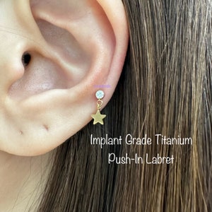 20g 18g 16g  Star Dangle Push In Threadless Titanium Labret, Implant Grade Titanium Nickel Free Hypoallergenic