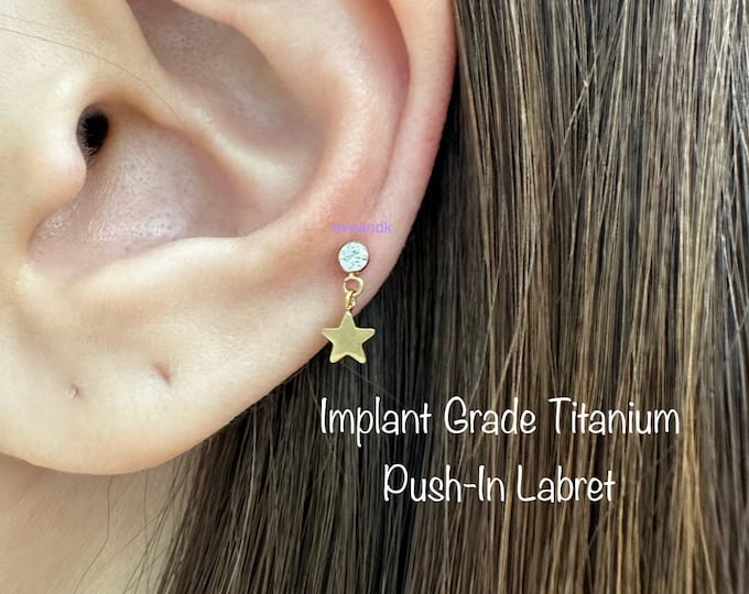 20g 18g 16g  Star Dangle Push In Threadless Titanium Labret, Implant Grade Titanium Nickel Free Hypoallergenic