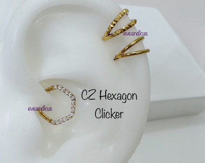 16g Hexagon Shape with CZ Clicker, 8mm/10mm Seamless Hinged Clicker, 316L Surgical steel Segment Ring, Daith, Septum Clicker