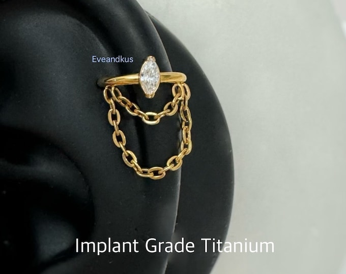 16g Marquise CZ with Double Chain Dangle ASTM F-136 Implant Grade Titanium Clicker, Conch, Cartilage Helix clicker