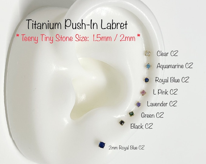 20g 18g 16g Teeny Tiny CZ Push In Prong Setting Titanium Labret, ASTM - F135 Implant Grade Titanium Hypoallergenic Nickel Free