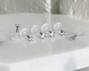 16G 2mm 3mm CZ Silver Prong Set BioFlex Push In Labret, 16GA Tragus Cartilage Helix Lip Nose