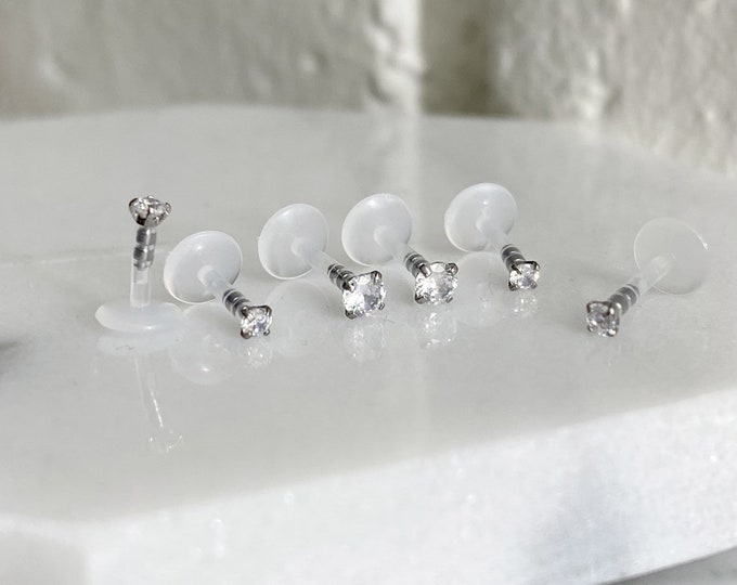 16G 2mm 3mm CZ Silver Prong Set BioFlex Push In Labret, 16GA Tragus Cartilage Helix Lip Nose