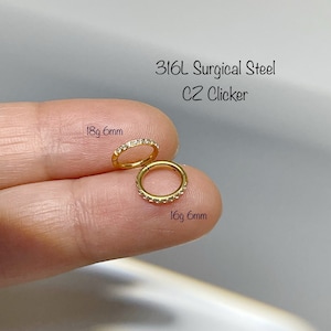 18g 16g 6mm/8mm/10mm/12mm 316L Surgical Steel CZ Clicker, Cartilage, Helix, Nose, Tragus CZ clicker