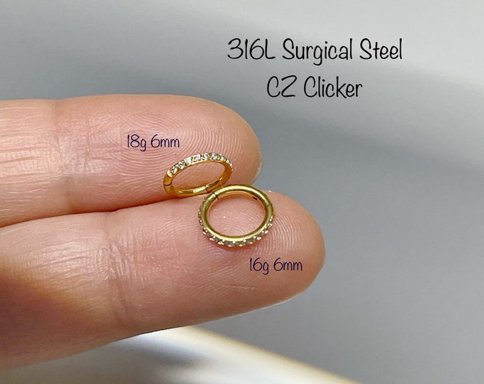 18g 16g 6mm/8mm/10mm/12mm 316L Surgical Steel CZ Clicker, Cartilage, Helix, Nose, Tragus CZ clicker