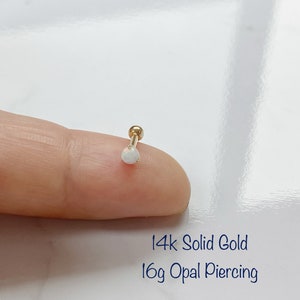 16g - 3mm/4mm/5mm 14k Solid Gold White Opal Piercing (Single), White Opal piercing. Dainty Minimalist Tragus, Cartilage, Helix, Conch