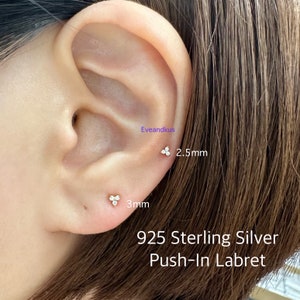 Teeny Tiny Trinity CZ Push-In Threadless Labret, Micro CZ Trinity minimalist piercing for Cartilage, Helix, Tragus