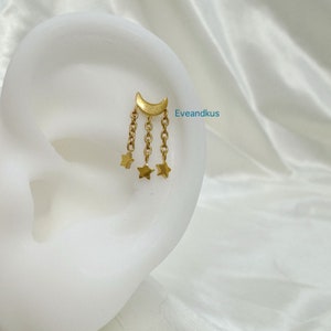 20g 18g 16g Dainty Crescent Moon with 3 Star Dangle Threadless Push In Titanium Labret, ASTM F-136 Implant Grade Titanium Nickel Free