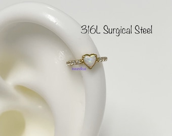 16g 316 L Surgical Steel Heart Opal Center and Pave CZ Sides, Cartilage, Conch, Helix