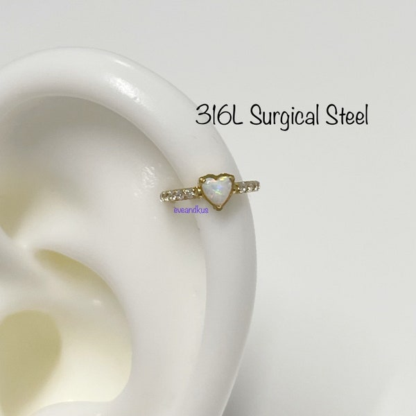 16g 316 L Surgical Steel Heart Opal Center and Pave CZ Sides, Cartilage, Conch, Helix