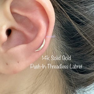 14k Solid Gold Crescent Push In Threadless Labret, Dainty Crescent for Cartilage Helix Flat Piercing