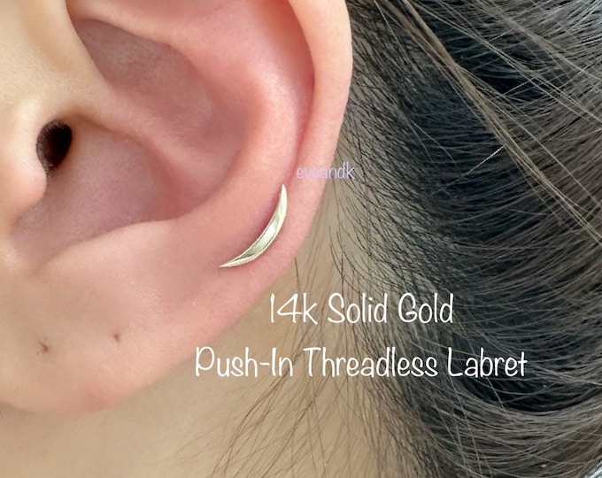 14k Solid Gold Crescent Push In Threadless Labret, Dainty Crescent for Cartilage Helix Flat Piercing