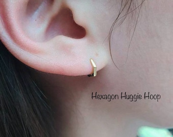 Hexagon Plain Huggie Hoop Earring, Inner Diameter: 5mm 6mm 7mm 8mm 14k Gold PLT 925 Sterling Silver/Nickel Free