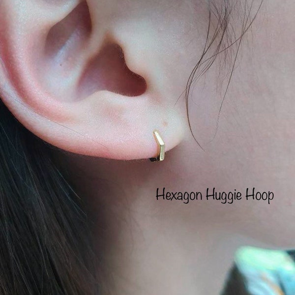 Hexagon Plain Huggie Hoop Earring, Inner Diameter: 5mm 6mm 7mm 8mm 14k Gold PLT 925 Sterling Silver/Nickel Free