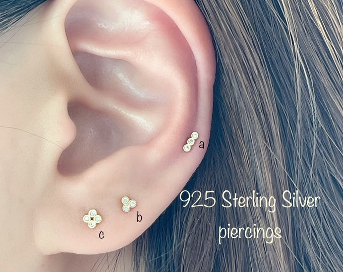 Tiny Bezel CZ Piercing(Single), Minimalist boho 92.5 Sterling Silver piercing, Tragus, Mid Cartilage, Helix