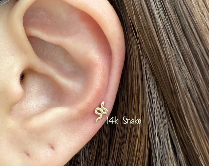 18g 14k Solid Gold Tiny Snake Internally Threaded Labret (Single), 14k Solid Gold Piercing Tragus, Mid Cartilage, Helix