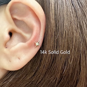 Labret à filetage interne Northstar Starburst en or jaune/blanc 14 carats massif 18 g (simple), Piercing tragus en or massif 14 carats, cartilage moyen, hélicoptère