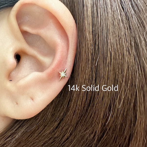 18g 14k Solid Yellow/White Gold Northstar Starburst Internally Threaded Labret (Single), 14k Solid Gold Piercing Tragus, Mid Cartilage, Heli