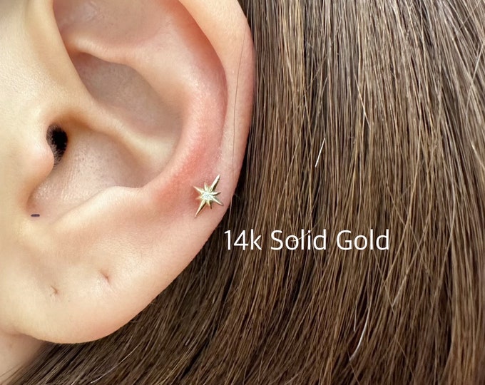 18g 14k Solid Yellow/White Gold Northstar Starburst Internally Threaded Labret (Single), 14k Solid Gold Piercing Tragus, Mid Cartilage, Heli