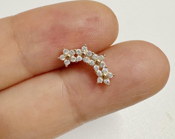 Flower CZ Paved Curved Push-In 316L surgical steel Threadless Labret, Minimalist piercing for Cartilage, Helix, Tragus