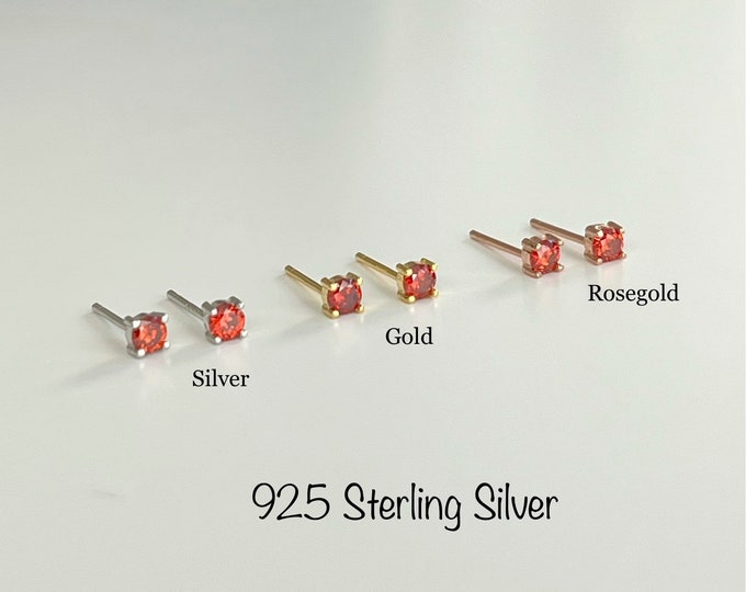 Teeny Tiny Red CZ Stud Earrings (PAIR), 1.5mm/2mm/2.5mm/3mm January Birthstone CZ Studs 925 Sterling Silver earrings, Minimalist Earrings