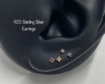Tiny 1.5mm/2mm D Brown, Coffee CZ Stud Earrings (Pair), 20g Standard earrings, Minimalist earrings