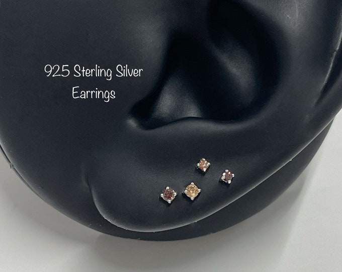 Tiny 1.5mm/2mm D Brown, Coffee CZ Stud Earrings (Pair), 20g Standard earrings, Minimalist earrings