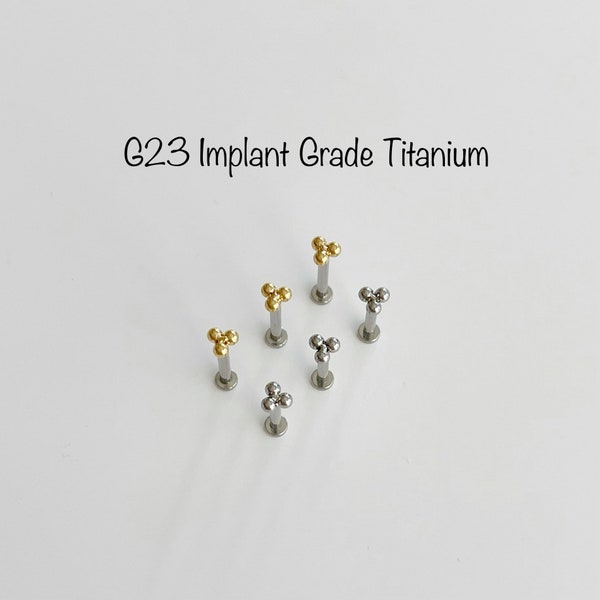 20g 18g 16g Trinity Push In Prong Setting Titanium Labret, Tiny Three Balls 3m Grade23 Implant Grade Titanium