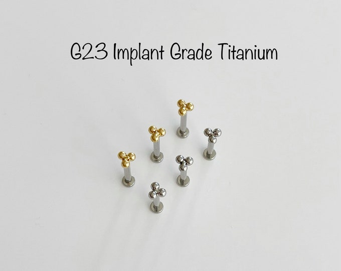 20g 18g 16g Trinity Push In Prong Setting Titanium Labret, Tiny Three Balls ASTM F-136 Implant Grade Titanium