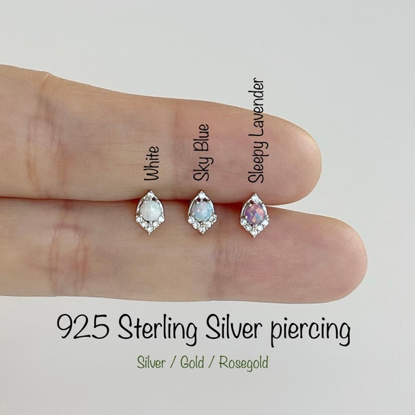 Boho Milgrain Opal Piercing(Single), Dainty Boho Milgrain 925 Sterling Silver piercing, Tragus, Mid Cartilage, Helix