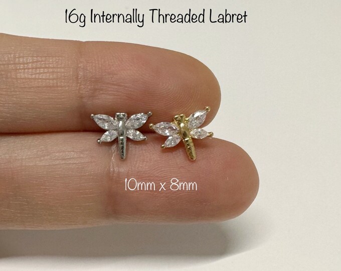 16g CZ Dragonfly Internally threaded labret, Cartilage, Helix, Conch, Tragus piercing