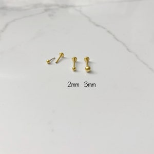 20g 18g 16g - 2m 3mm Gold Ball Push In Labret, Tragus Cartilage Helix Lip Nose Piercing (Single)