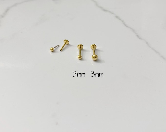 20g 18g 16g - 2m 3mm Gold Ball Push In Labret, Tragus Cartilage Helix Lip Nose Piercing (Single)