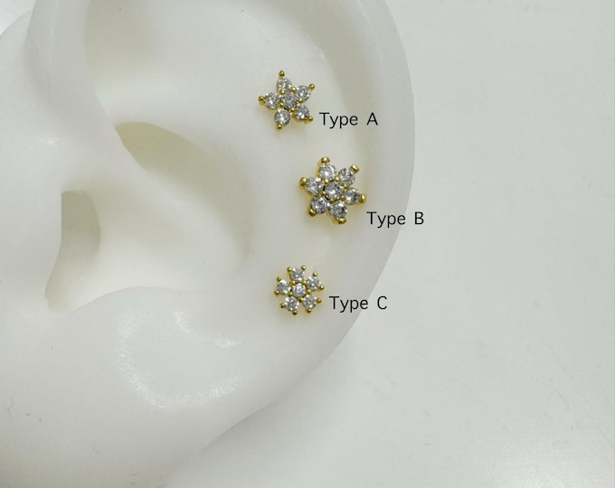Dainty Flower CZ Push-In 316L surgical steel Threadless Labret, Minimalist piercing for Cartilage, Helix, Tragus