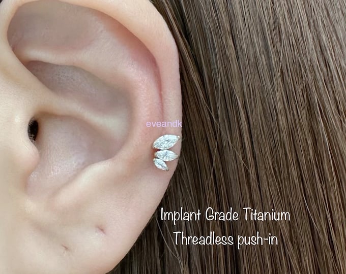 20g 18g 16g  Triple Marquise CZ Top Push In Titanium Labret, ASTM-F136 Implant Grade Titanium Nickel Free Hypoallergenic