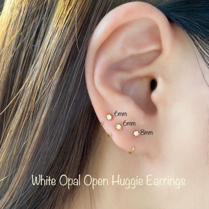 Tiny 2mm White Opal Open Huggie Earring (SINGLE or PAIR) 2mm White Opal 14k Gold/14k Rosegold/Rhodium PLT over Sterling Silver Nickel Free