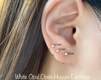 Tiny White Opal Huggie Earring: 14k Gold Sterling Silver