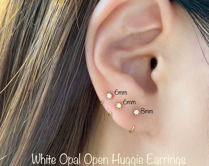 Tiny 2mm White Opal Open Huggie Earring (SINGLE or PAIR) 2mm White Opal 14k Gold/14k Rosegold/Rhodium PLT over Sterling Silver Nickel Free