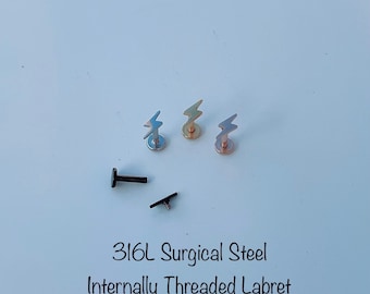 16g Lightening Bolt Internally Threaded Labret 316L Surgical Steel, Tiny Lightening Bolt Labret piercing, Cartilage Tragus Helix Conch