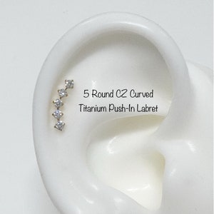 20g 18g 16g  5 Round CZ Curved Push In Prong Setting Titanium Labret, Curved CZ ASTM F-136 Implant Grade Titanium Helix Cartilage Conch