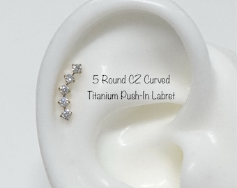 Curved CZ Titanium Labret: 5 Round Stone Helix Conch Earring