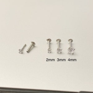 20G Push In Labret, 2mm/3mm/4mm CZ Prong Set Silver Labret, 20G 18G 16G Tragus Cartilage Helix Lip Nose Piercings