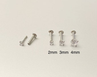 20G Push In Labret, 2mm/3mm/4mm CZ Prong Set Silver Labret, 20G 18G 16G Tragus Cartilage Helix Lip Nose Piercings